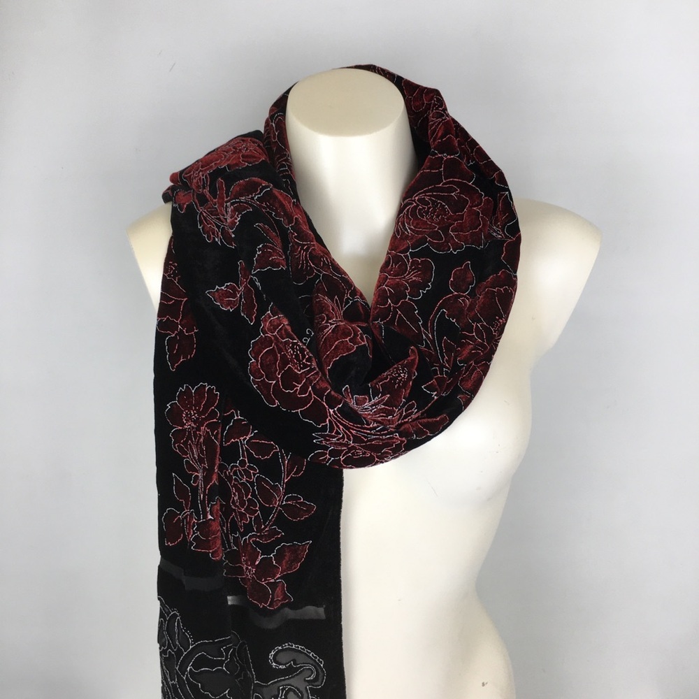 Floral Velvet Burnout Wide Scarf Wrap Black Red Sheer Fringe Evening Romantic - Picture 14 of 15